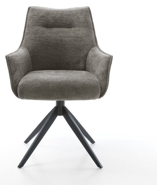 DELIFE Jídelní židle Alja-Flex s područkami bouclé měkký tmavě béžová křížová podnož široká černá 360° otočný houpací funkce taštičkové pružiny
