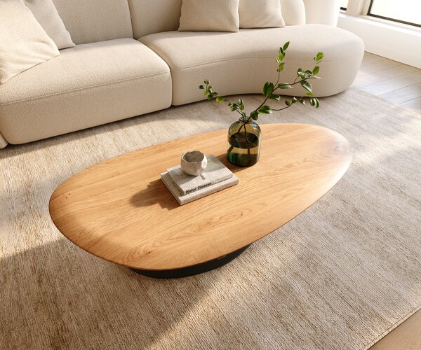 DELIFE Konferenční stolek Edge oválný 140x75 cm dub přírodní kulatá hrana Vibany kov černá