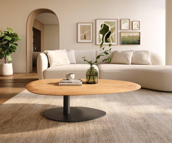 DELIFE Konferenční stolek Edge oválný 140x75 cm dub přírodní kulatá hrana Vibany kov černá