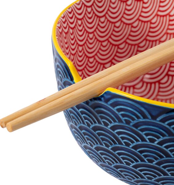 KitchenCraft World of Flavours sada 2 misek na ramen a nudle s bambusovými hůlkami, kamenina, modro-červený japonský vzor WFNOODSETPK2