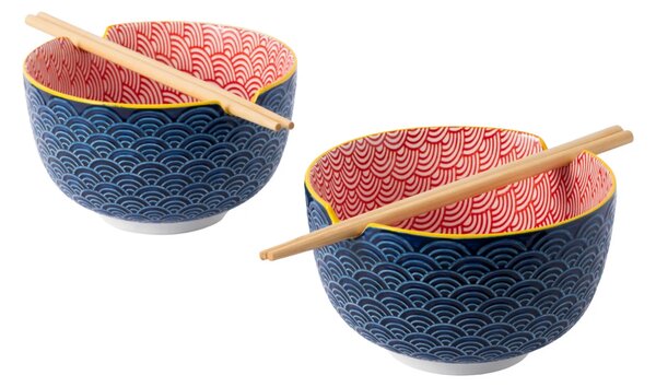 KitchenCraft World of Flavours sada 2 misek na ramen a nudle s bambusovými hůlkami, kamenina, modro-červený japonský vzor WFNOODSETPK2