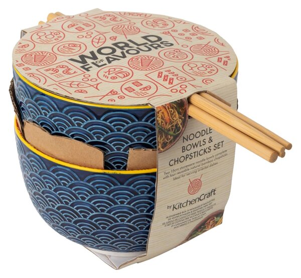 KitchenCraft World of Flavours sada 2 misek na ramen a nudle s bambusovými hůlkami, kamenina, modro-červený japonský vzor WFNOODSETPK2