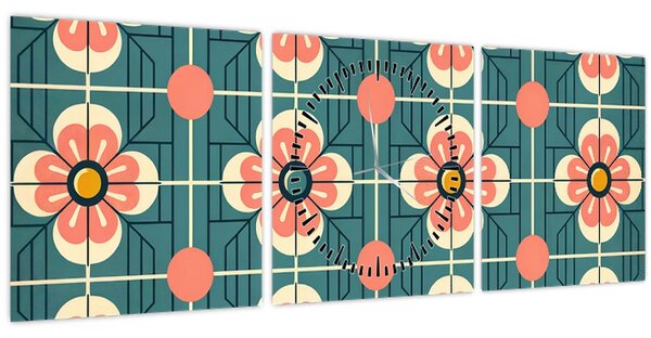 Obraz - Retro vzor s květy (s hodinami) (90x30 cm)