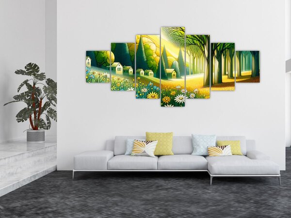 Obraz - Vesnice ve žluto-zelené (210x100 cm)