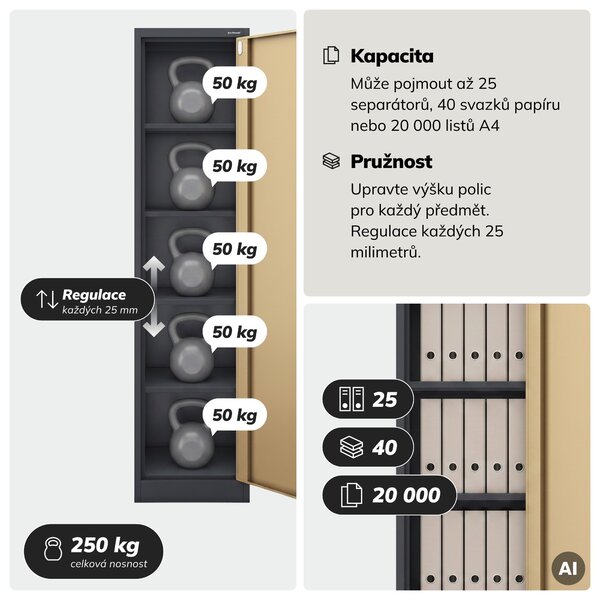 Kovová kancelářská skříň na spisy a dokumenty, antracit/ořech, 450x1850x400 mm: ALEX Eco Design