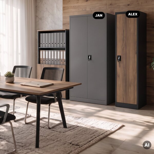Kovová kancelářská skříň na spisy a dokumenty, antracit/ořech, 450x1850x400 mm: ALEX Eco Design