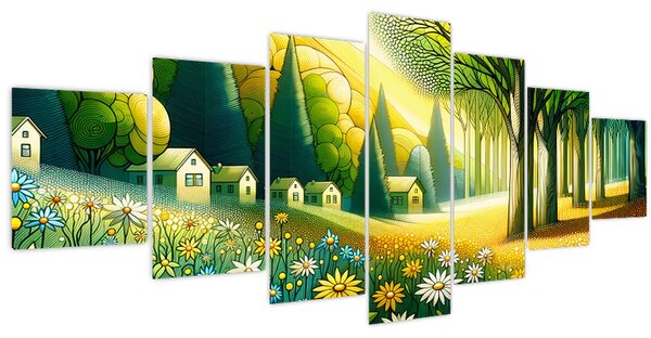 Obraz - Vesnice ve žluto-zelené (210x100 cm)