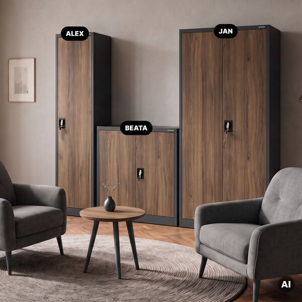 Kovová kancelářská skříň na spisy a dokumenty, antracit/ořech, 450x1850x400 mm: ALEX Eco Design