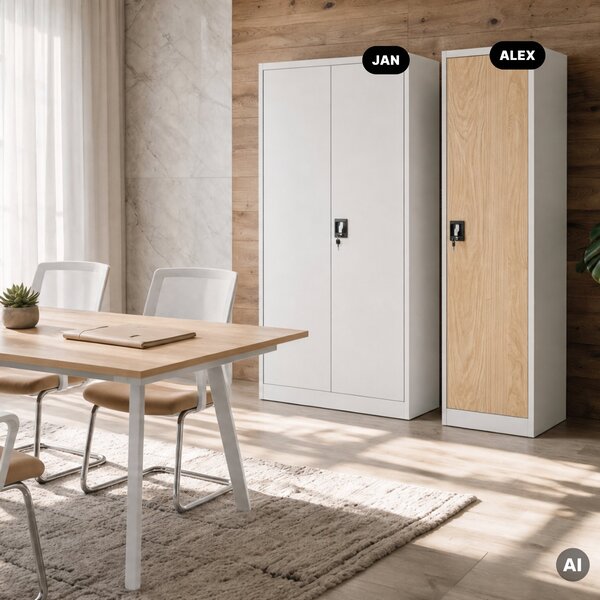 Kovová kancelářská skříň na spisy a dokumenty, bílá/dub sonoma, 450x1850x400 mm: ALEX Eco Design