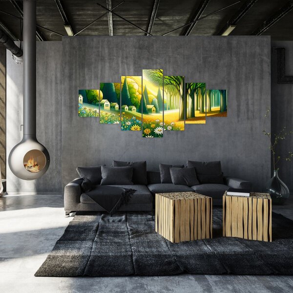 Obraz - Vesnice ve žluto-zelené (210x100 cm)