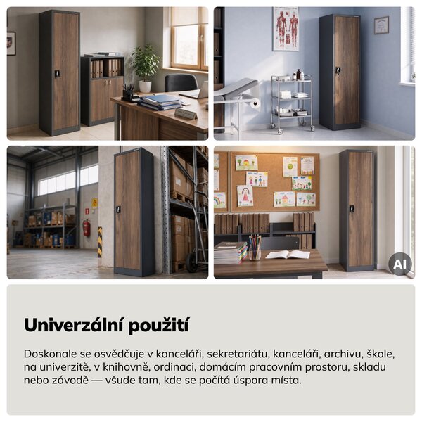 Kovová kancelářská skříň na spisy a dokumenty, antracit/ořech, 450x1850x400 mm: ALEX Eco Design
