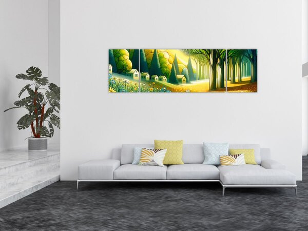 Obraz - Vesnice ve žluto-zelené (170x50 cm)
