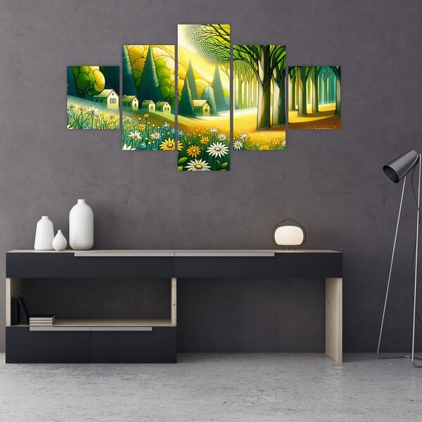 Obraz - Vesnice ve žluto-zelené (125x70 cm)