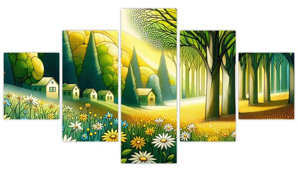 Obraz - Vesnice ve žluto-zelené (125x70 cm)