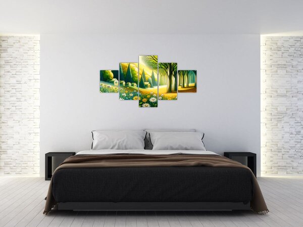 Obraz - Vesnice ve žluto-zelené (125x70 cm)