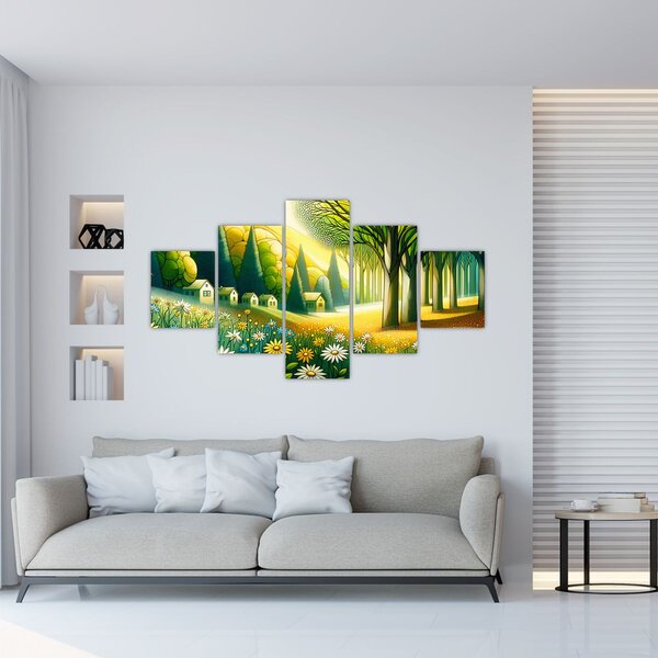 Obraz - Vesnice ve žluto-zelené (125x70 cm)