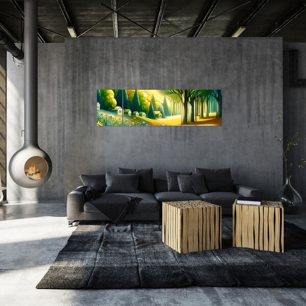 Obraz - Vesnice ve žluto-zelené (170x50 cm)