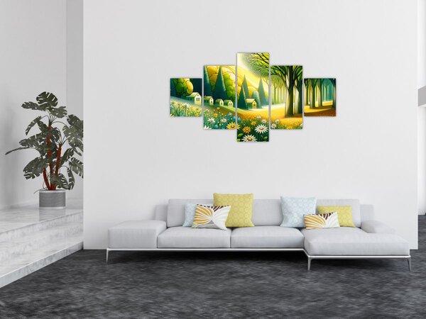 Obraz - Vesnice ve žluto-zelené (125x70 cm)