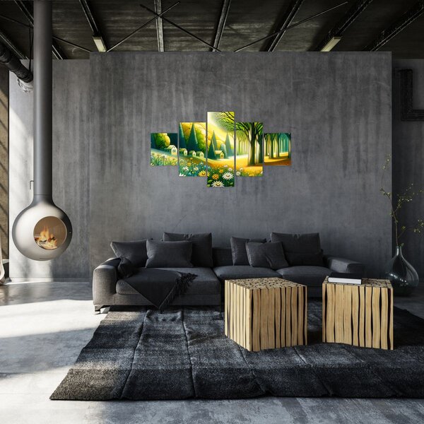 Obraz - Vesnice ve žluto-zelené (125x70 cm)