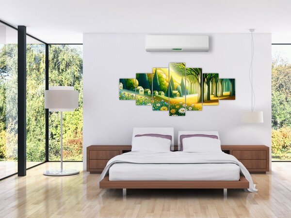 Obraz - Vesnice ve žluto-zelené (210x100 cm)