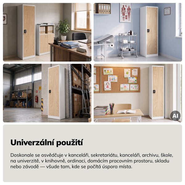 Kovová kancelářská skříň na spisy a dokumenty, bílá/dub sonoma, 450x1850x400 mm: ALEX Eco Design