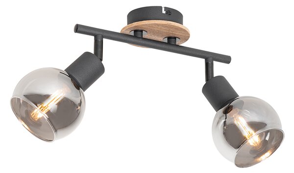 Stropní lampa černá s kouřovým sklem a dřevem 2-světlo - Vidro