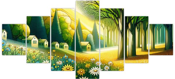 Obraz - Vesnice ve žluto-zelené (210x100 cm)
