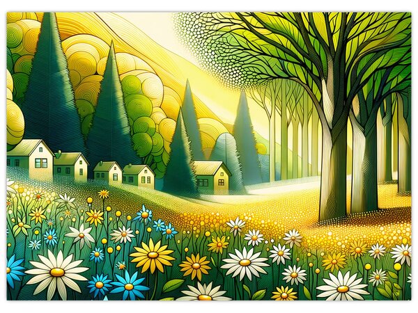 Obraz - Vesnice ve žluto-zelené (70x50 cm)