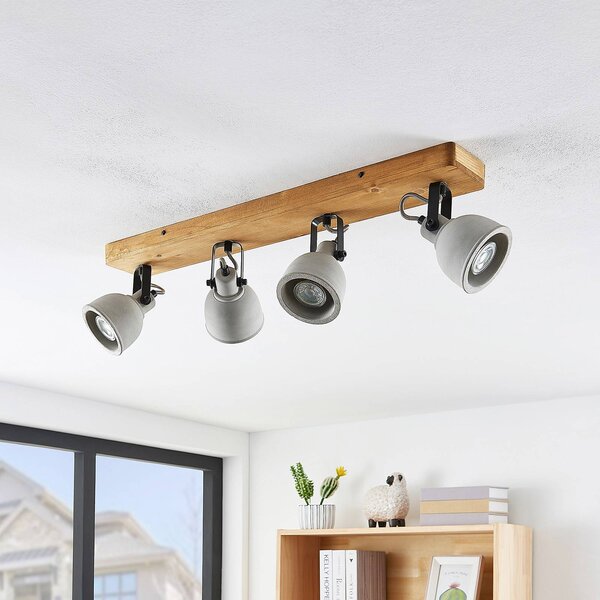 Lindby Spot Mitis, 70 cm, 4 světla, šedá, dřevo, beton, GU10, stmívatelný, Tmavé dřevo, Obývací pokoj / jídelna, Dřevo, Industriální design