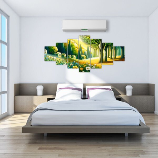 Obraz - Vesnice ve žluto-zelené (210x100 cm)