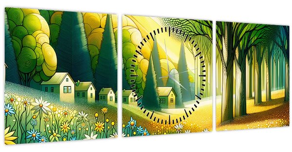 Obraz - Vesnice ve žluto-zelené (s hodinami) (90x30 cm)