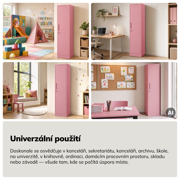 Úzká kovová kancelářská skříň na spisy a dokumenty, pudrově růžová, 450x1850x400 mm: ALEX Fresh Style