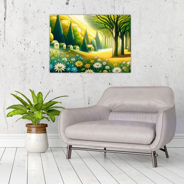 Obraz - Vesnice ve žluto-zelené (70x50 cm)