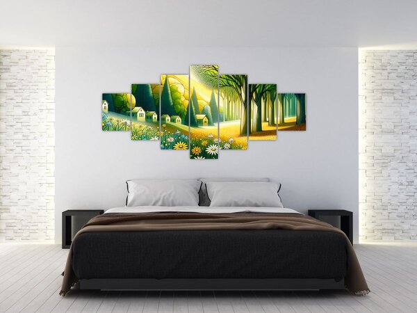 Obraz - Vesnice ve žluto-zelené (210x100 cm)