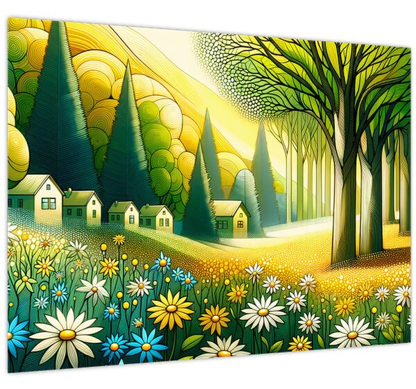 Obraz - Vesnice ve žluto-zelené (70x50 cm)