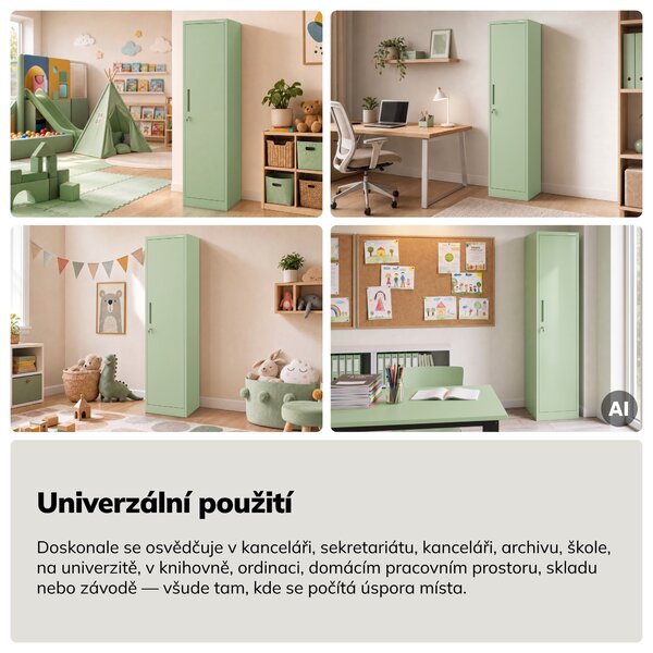 Úzká kovová kancelářská skříň na spisy a dokumenty, pastelově zelená, 450x1850x400 mm: ALEX Fresh Style