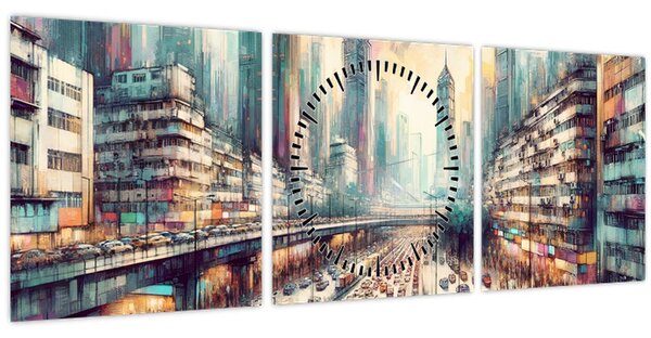 Obraz - Život velkoměsta (s hodinami) (90x30 cm)