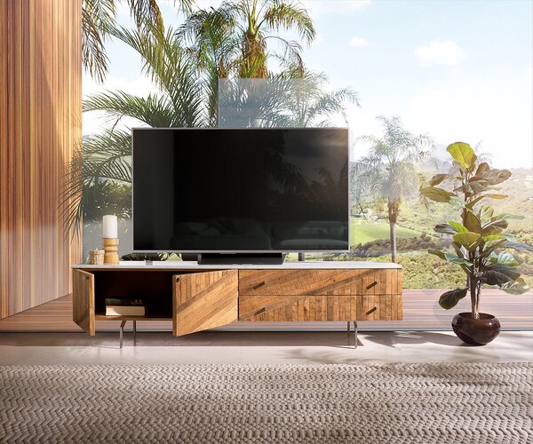 DELIFE TV stolek Bahan 175 cm mango teak 2 dvířka 2 zásuvky mramorová deska bílá podnož ve tvaru "V" nerezová ocel
