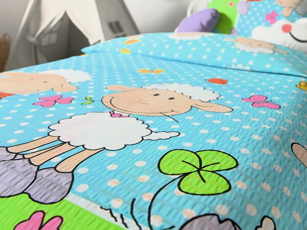 Krepové povlečení do postýlky OVEČKY modré Rozměr povlečení: 45 x 65 cm | 90 x 135 cm