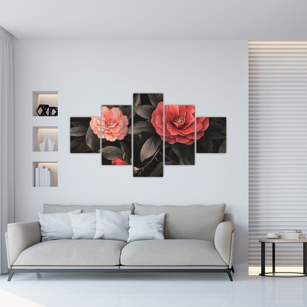 Obraz - Červené květy na temném pozadí (125x70 cm)