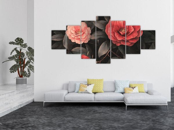 Obraz - Červené květy na temném pozadí (210x100 cm)