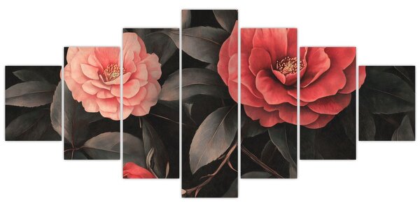 Obraz - Červené květy na temném pozadí (210x100 cm)