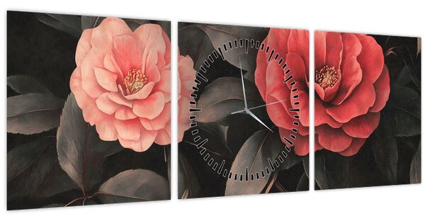 Obraz - Červené květy na temném pozadí (s hodinami) (90x30 cm)