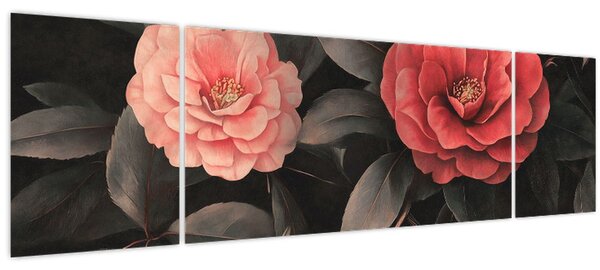 Obraz - Červené květy na temném pozadí (170x50 cm)
