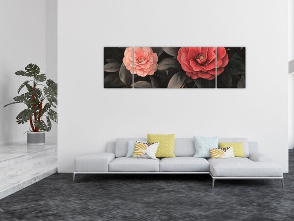 Obraz - Červené květy na temném pozadí (170x50 cm)
