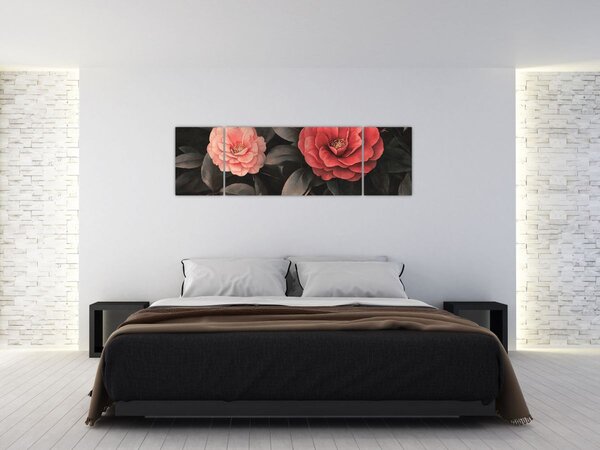 Obraz - Červené květy na temném pozadí (170x50 cm)