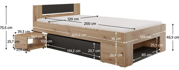 Kondela Postel UNIS s úložným prostorem, 120x200, dub artisan/antracit