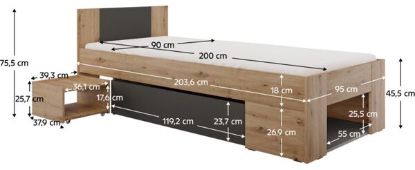 Kondela Postel UNIS s úložným prostorem, 90x200, dub artisan/antracit