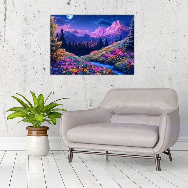 Obraz - Fialová krajina v úplňku (70x50 cm)
