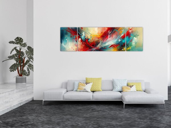 Obraz - Abstrakce s červenou (170x50 cm)